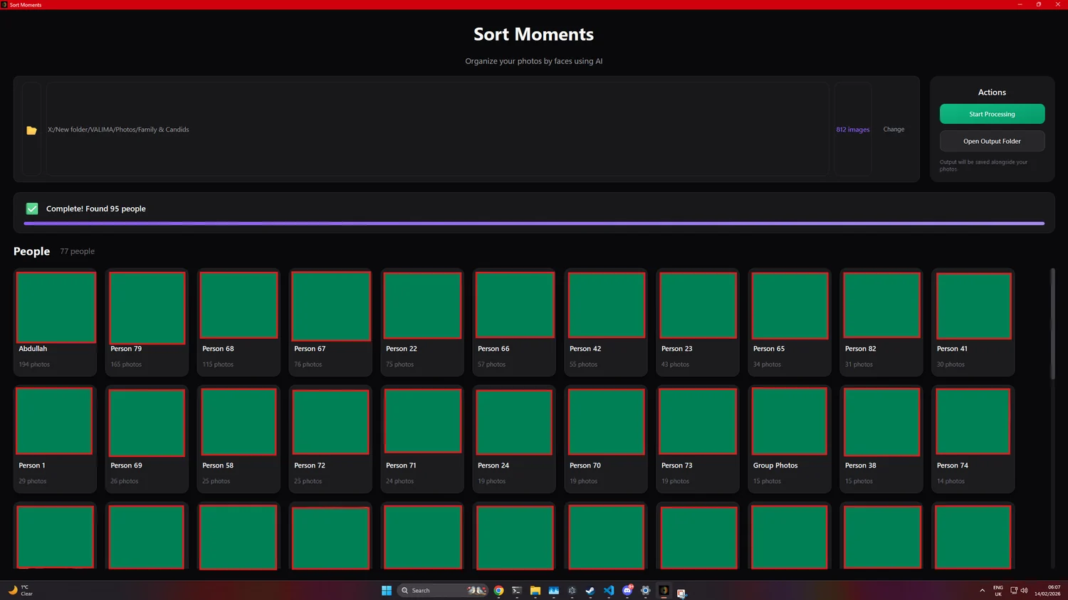 Sort Moments showing organized person folders after processing photos